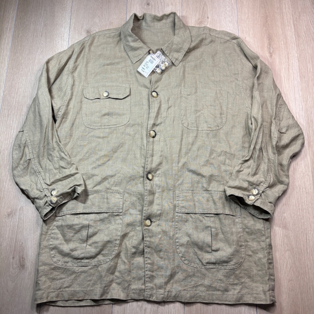 Chicos Design Womens Size 2 Olive Drab 100% Linen Chore Utility Jacket Lagenlook